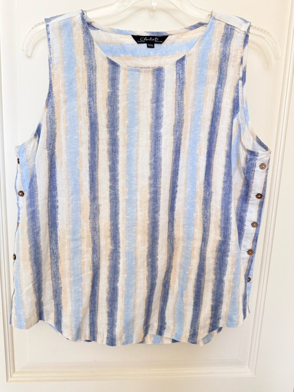 Charlie B Blue & Cream Striped Sleeveless Top with Side Buttons US XL